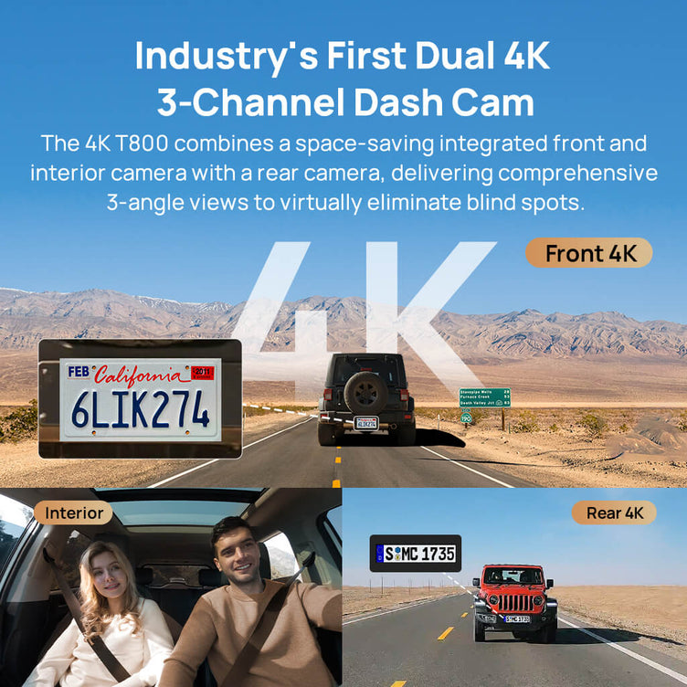70mai Dash Cam 4K T800 3-Channel w/ Dual 4K, STARVIS 2 IMX678, HDR Night Vision, AI Detection, Emergency Record, 4G LTE & Supercapacitor