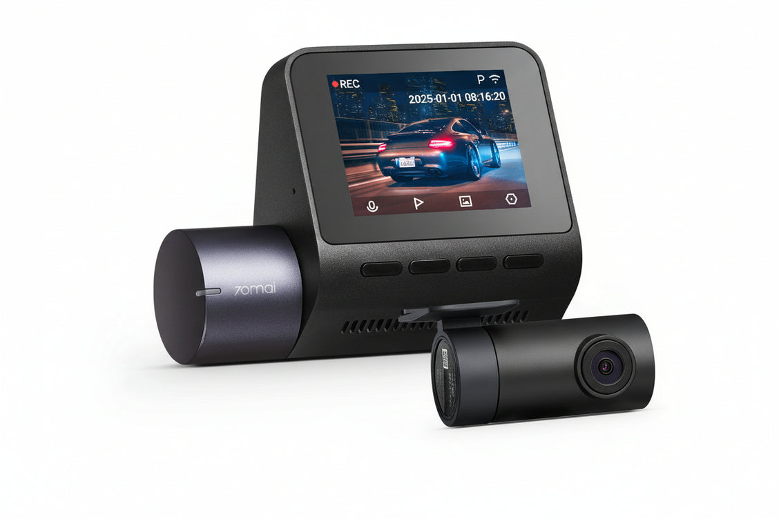 Car dashboard camera system with screen, microSD card, and additional camera on a white background