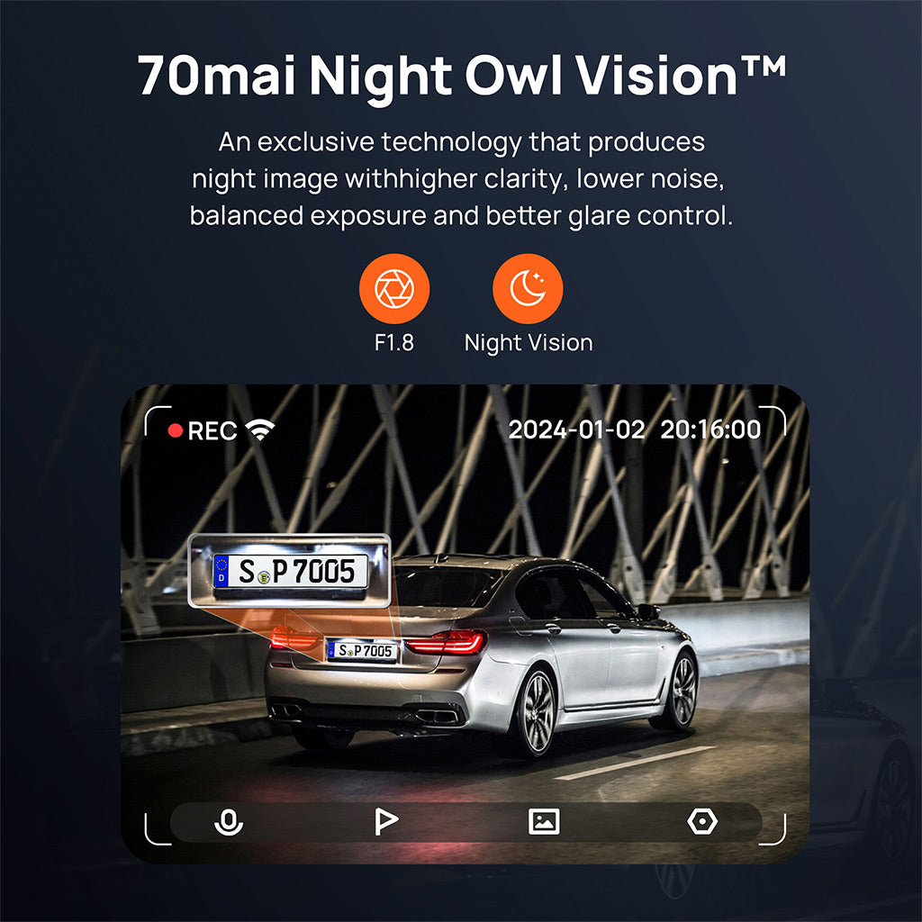 70mai Dash Cam A500S 2.7K HD with 2-Inch Screen & Dual-Channel Supported